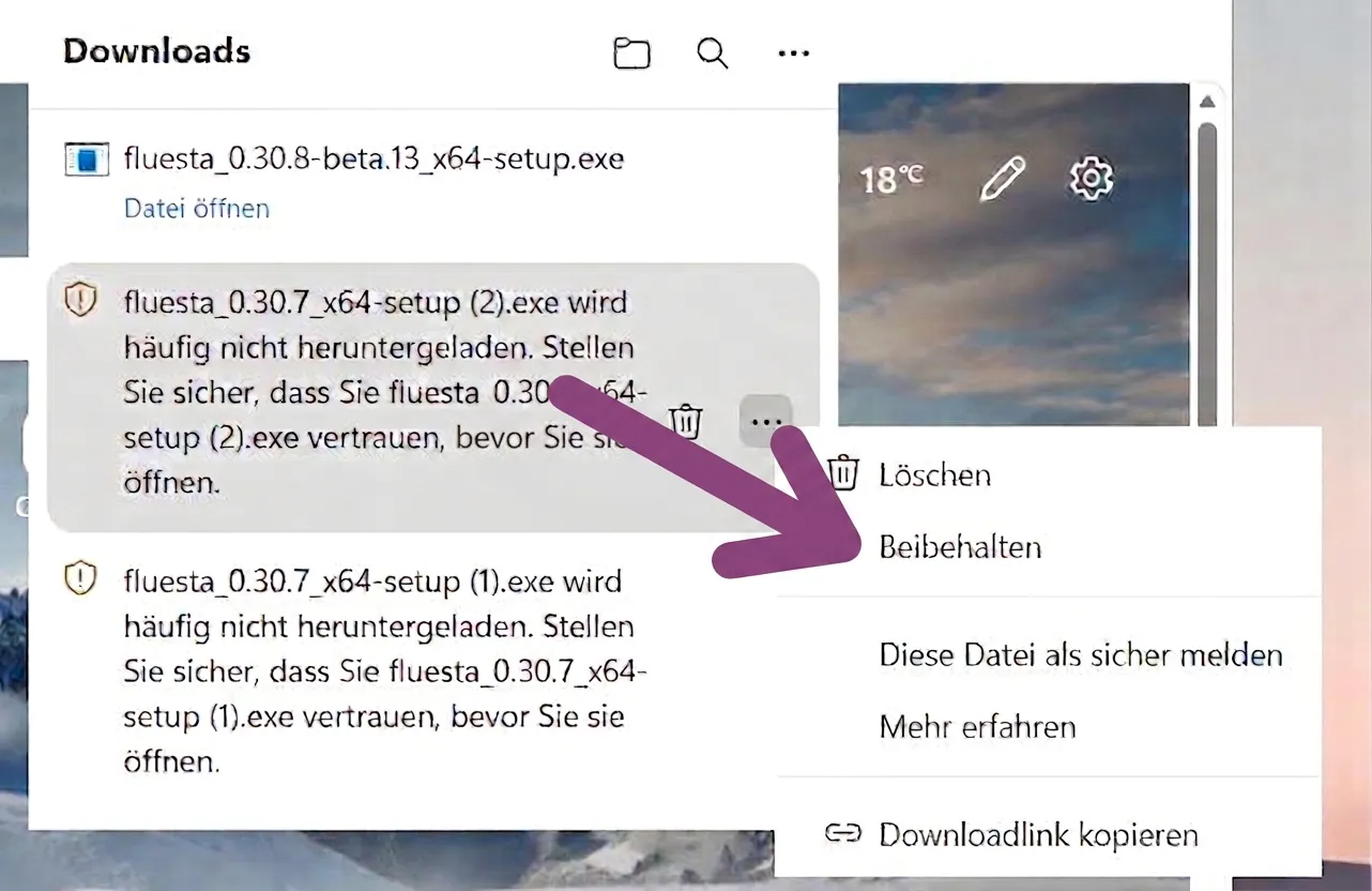 Edge-Downloadmenü mit Pfeil auf Beibehalten