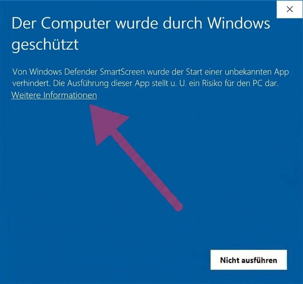 Windows-Schutzfenster mit dem Link Weitere Informationen