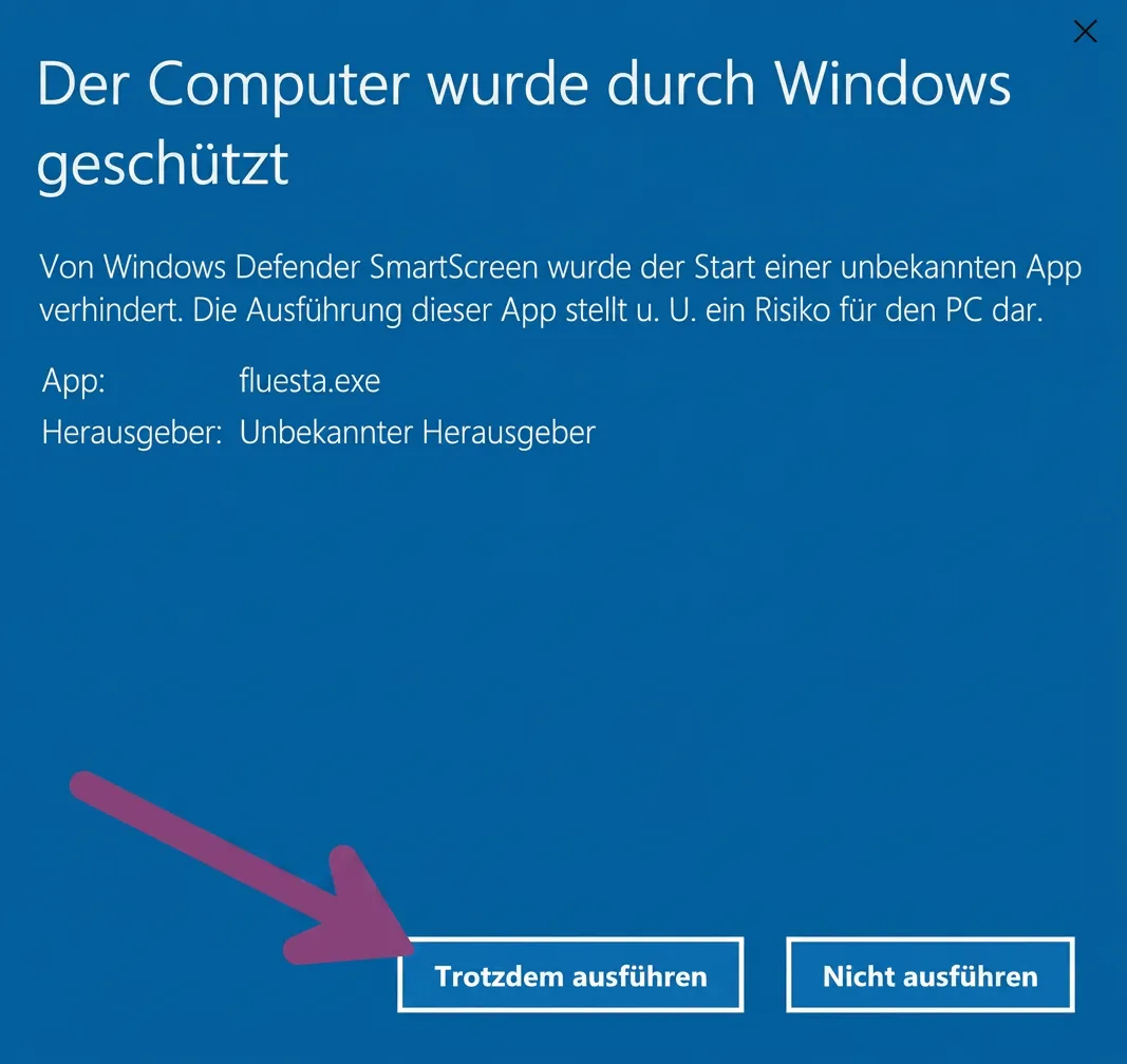 Windows-Schutzfenster mit der Schaltfläche Trotzdem ausführen